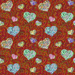 Seamless decorative ornamental pattern - arabian ornament and oriental shine hearts on bright red-gold background