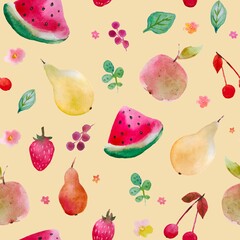 Seamless watercolor fruit pattern with pears, watermelon, apples, grape, cherry. Summertime juice mood. Watercolor technique. Good for gift paper, coctail menu, textiles