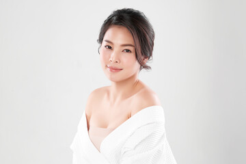 Beautiful young asian woman with clean fresh skin on white background, Face care, Facial treatment, Cosmetology, beauty and spa, Asian women portrait