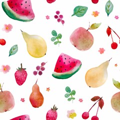 Seamless watercolor fruit pattern with pears, watermelon, apples, grape, cherry. Summertime juice mood. Watercolor technique. Good for gift paper, coctail menu, textiles