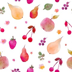 Seamless watercolor fruit pattern with pears, watermelon, apples, grape, cherry. Summertime juice mood. Watercolor technique. Good for gift paper, coctail menu, textiles