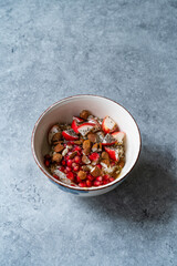 Oatmeal Porridge Bowl with Apple slices, Chia Seeds, Honey and Almond. Ready to Serve and Eat.