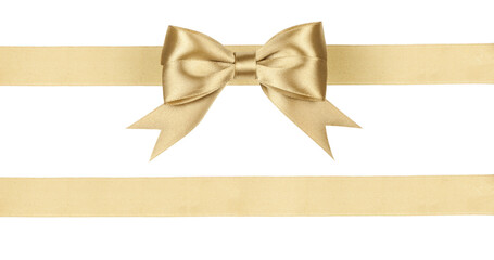 Gold satin ribbon fabric bow isolated on white background - 408731953