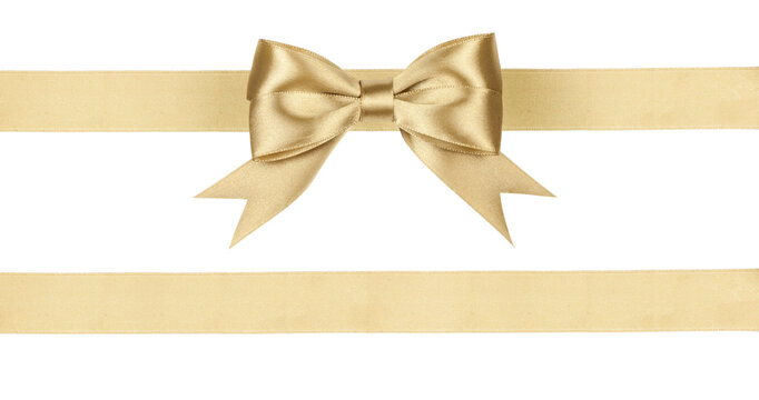 Gold satin ribbon fabric bow isolated on white background