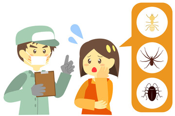 害虫駆除の相談をする主婦バストアップ　感染対策ver