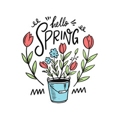 Hello Spring greets with vibrant energy, complemented by a vector illustration of red peonies in a bucket. Perfect for a cheerful card, it captures the essence of the season's bloom and renewal.