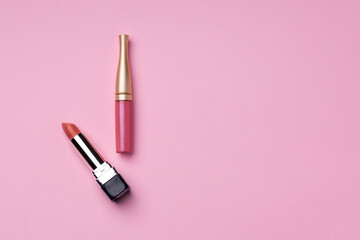 Lip make up product on pink background