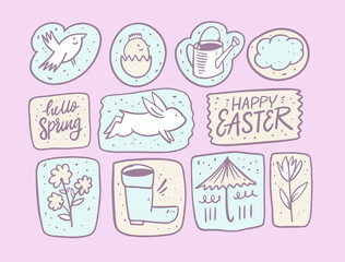 Hello Spring and Happy Easter. Hand drawn doodle set elements.