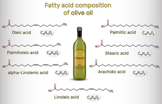 Fatty acid composition of olive oil. Chemical compounds: oleic, linoleic, palmitic, stearic, palmitoleic, alpha-linolenic, arachidic acid. Structural chemical formulas