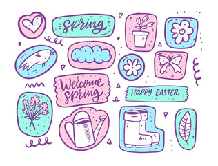 Spring season doodle set elements. Hand drawn cartoon style.