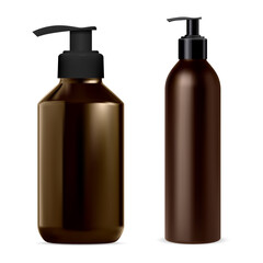 Pump dispenser bottle. Soap, shampoo bottles mockup vector blank. Brown package with dispenser cap for cosmetics lotion product, realistic 3d pack. Desinfecant container with pump batcher