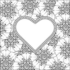 Hand drawn heart with mehndi flower. decoration in ethnic oriental, doodle ornament. outline hand draw illustration.  
