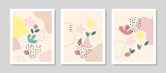 Contemporary art print. Vector hand drawn artwork. Trendy 50s, 60s retro, vintage. Matisse style. Hugge home, house decor. Set collection. Beige, black, pink, green, yellow soft colors. Minimalism