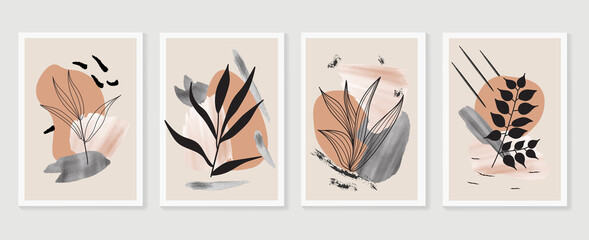 Botanical watercolor wall art vector set. Earth tone boho foliage line art drawing with  abstract shape.  Abstract Plant Art design for wall framed prints, canvas prints, poster, home decor. © TWINS DESIGN STUDIO