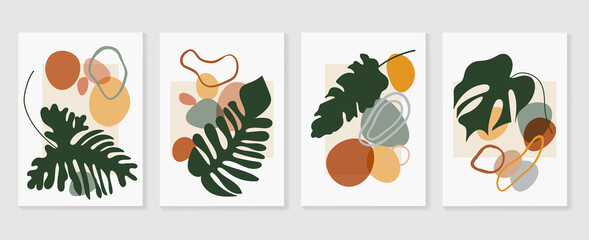 Botanical watercolor wall art vector set. Earth tone boho foliage line art drawing with  abstract shape.  Abstract Plant Art design for wall framed prints, canvas prints, poster, home decor.