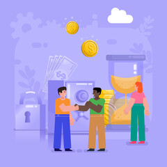 Successful investment, income growth, financial sustainability, secure deposit concept. Group of people stand near big safe, money, coins. Modern vector illustration