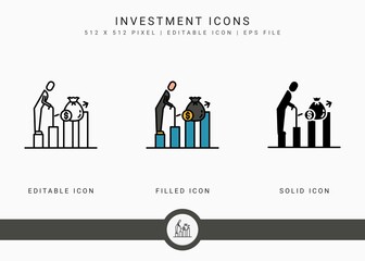 Investment icons set vector illustration with solid icon line style. Pension fund plan concept. Editable stroke icon on isolated white background for web design, user interface, and mobile application