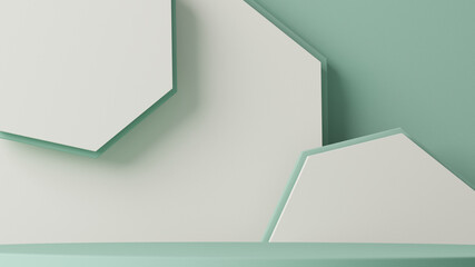 Minimal scene with podium and abstract background. Pastel blue and white colors scene. Trendy 3d render for social media banners, promotion, cosmetic product show. Geometric shapes interior.
