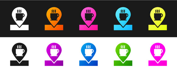 Set Location with coffee cup icon isolated on black and white background. Vector Illustration.