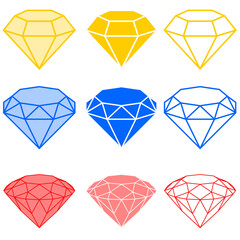 Illustration of diamonds, in three types of cut, in silhouette and lines