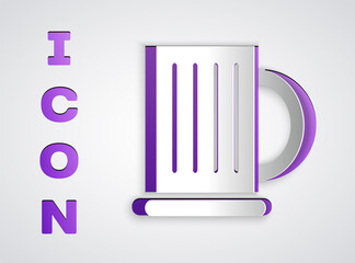 Paper cut Wooden beer mug icon isolated on grey background. Paper art style. Vector Illustration.