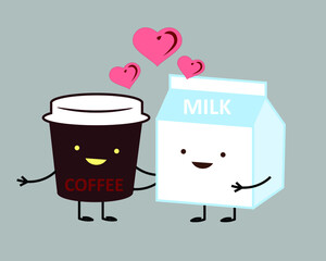 Coffee and milk are friends, flat, minimalism, cartoon, characters