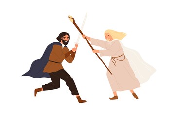 Medieval battle or duel between good and evil. Man and wizard armed with sword and spear fighting in tournament. Struggling fairy tale characters. Flat vector illustration isolated on white background