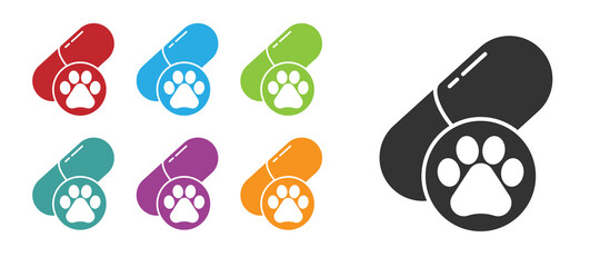 Black Dog pill icon isolated on white background. Prescription medicine for animal. Set icons colorful. Vector.