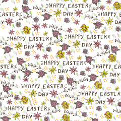 Easter seamless pattern with easter eggs, flowers, branches. Hand drawn vector illustration.