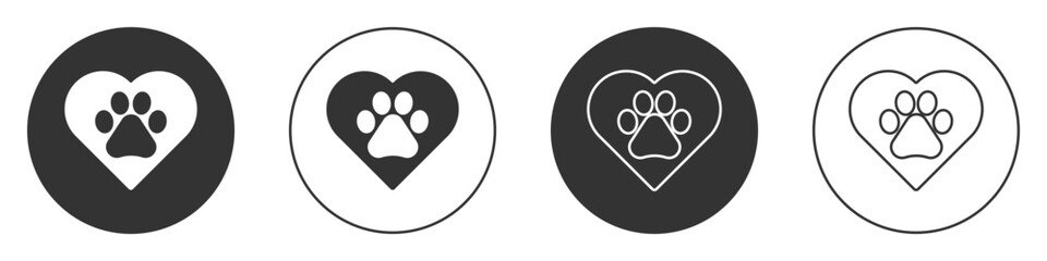 Black Heart with animals footprint icon isolated on white background. Pet paw in heart. Love to the animals. Circle button. Vector.