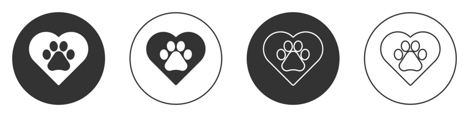 Black Heart with animals footprint icon isolated on white background. Pet paw in heart. Love to the animals. Circle button. Vector. © Kostiantyn