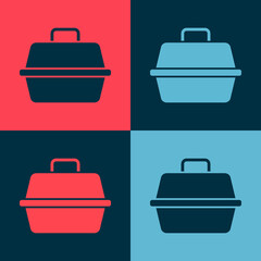 Pop art Pet carry case icon isolated on color background. Carrier for animals, dog and cat. Container for animals. Animal transport box. Vector.