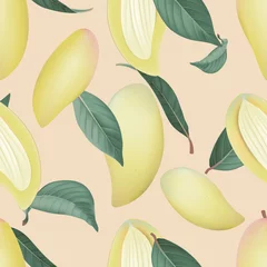 Poster Fruit seamless pattern, pastel ripe Barracuda mangos with green leaves on brown © momosama