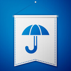 Blue Classic elegant opened umbrella icon isolated on blue background. Rain protection symbol. White pennant template. Vector.
