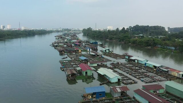 slow tracking drone shot over floating fish farming community in Bien Hoa on the Dong Nai river, Vietnam on a sunny day