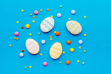 Easter colorful cookies and sweets. Top view