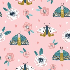 Colorful seamless pattern with butterflies and flowers in Scandinavian style. Summer floral repeat background for fabrics or wallpapers. 