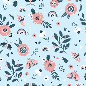 Colorful seamless pattern with butterflies and flowers in Scandinavian style. Summer floral repeat background for fabrics or wallpapers. Butterfly design.