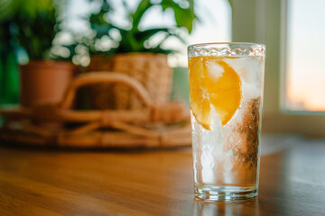 A glass of water with ice and lemon on a wooden table in front of the window with a beautiful light