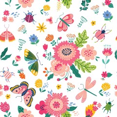 Colorful seamless pattern with insects and flowers. Summer floral repeat background for fabrics or wallpapers. Butterfly and dragonflies design. © Angelina De Sol