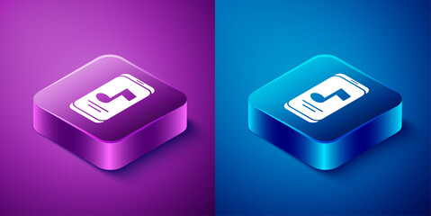 Isometric Music player icon isolated on blue and purple background. Portable music device. Square button. Vector.