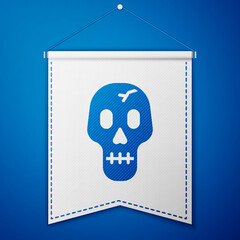 Blue Skull icon isolated on blue background. Happy Halloween party. White pennant template. Vector.