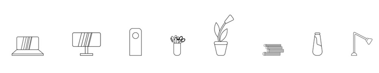 set of simple linear office accessories icons isolated on a white background. Vector line drawing of a computer, laptop, stationery, books, vases and lamps, a pot with a flower