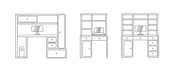 set of modern, elegant office furniture in a simple linear style is isolated on a white background. A collection of comfortable desks and Tables with laptops, computers and other accessories.