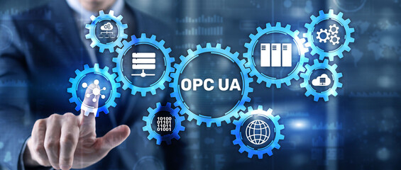 Businessman selecting OPC Unified Architecture. Data Transmission in Industrial Networks concept.