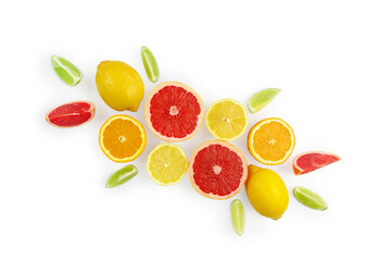 Flat lay composition with citrus fruits, leaves and flowers isolated on white background.