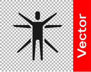 Black Vitruvian Man by Leonardo Da Vinci icon isolated on transparent background. Human anatomy. Vector.