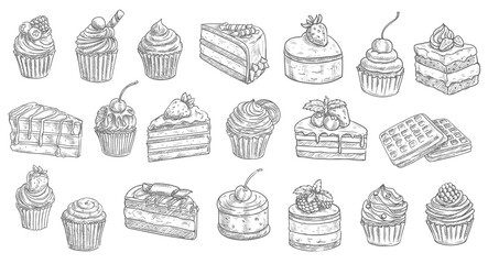 Cakes and cheesecakes sketch, pastry desserts and sweet food vector hand drawn icons. Bakery and pastry shop sweet chocolate cakes, patisserie sweet dessert cheesecake, tiramisu, brownie and waffles