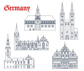 Germany landmark buildings and architecture icons, German churches and cathedrals, vector. St Kilian kirche in Hoexter and Peterkirche church in Soest, rathaus and cathedral dom in Padeborn