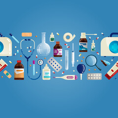 Colored Seamless Background on a Medical Theme.  Vector Illustration in Flat Cartoon Style.